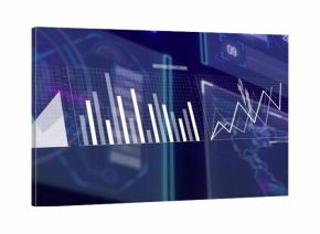 Displaying translucent dashboard panels across virtual command center, with area, bar, line charts