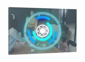 Four adults in casual attire preparing bowls, confetti on wooden kitchen table holographic overlay