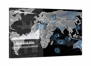 Displaying world map graphic on gridded digital dashboard with bar and line charts, timestamps, HUD