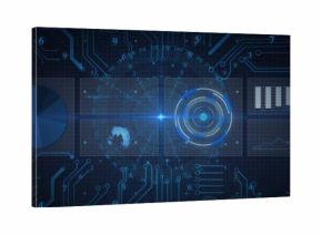 Displaying central dashboard showing rotating radar rings in UI, with globe pie bar and line charts