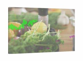 Displaying cluster of yellow peppers, purple onion, garlic and herbs on wood board, AR overlay