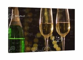 Showing green champagne bottle and two flutes with bubbles on bar, with scientific notations