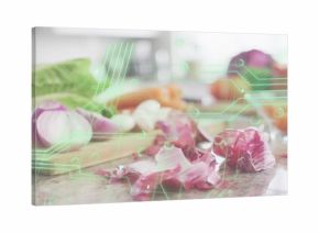 Sitting halved red onion and papery skins crowding stone countertop in kitchen, AR overlay