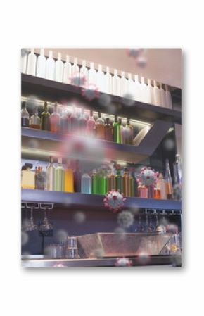 Virus cells floating over empty bar setting, highlighting health care concerns