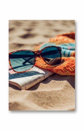A sunglasses and a blanket on a sunny beach created with Generative AI technology