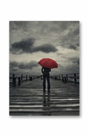 Red umbrella in storm