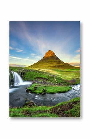 Sunset over Kirkjufellsfoss Waterfall and Kirkjufell mountain in Iceland
