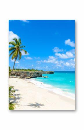 Bottom Bay, Barbados - Rajska plaża na karaibskiej wyspie Barbados. Tropikalne wybrzeże z palmami wiszącymi nad turkusowym morzem. Zdjęcie panoramiczne pięknego krajobrazu.