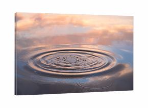 Water drop falling on water surface in evening  sunlight with reflection