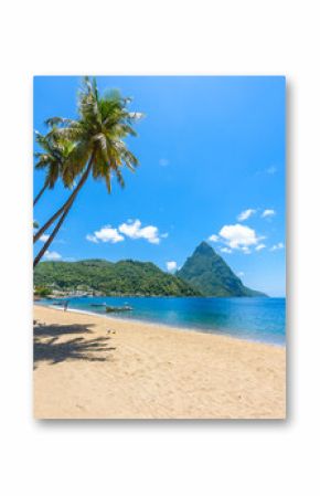 Paradise beach at Soufriere Bay with view to Piton at small town Soufriere in Saint Lucia, Tropical Caribbean Island.