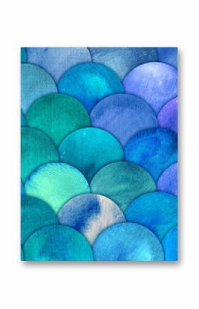 Mermaid Scales Watercolor Fish squame background. Bright summer blue sea pattern with reptilian scales abstract