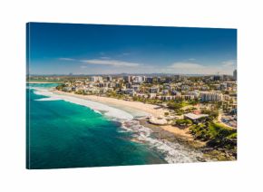 Aerial panoramic image of ocean waves on a Kings beach, Caloundra, Queensland