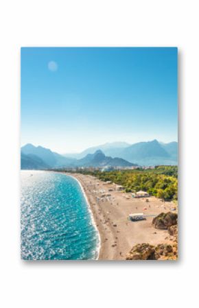 Panoramic bird view of Antalya and Mediterranean seacoast and beach with a paraglider, Antalya, Turkey