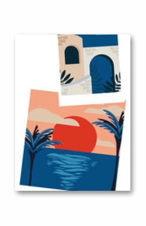 Polaroid-style illustration is showing facade with sunset sea and palms on transparent, copy space