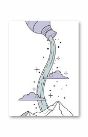 Flat design jug sprinkling teal water through sparkles, clouds over mountain lake transparent bg