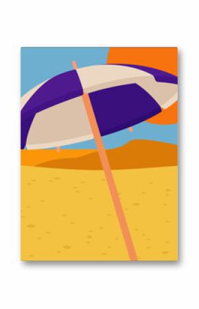 Showing flat purple beige beach umbrella casting shade on sand, golden dunes transparent background