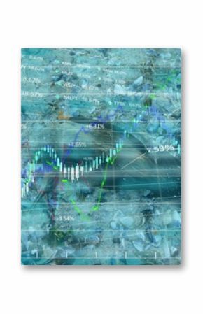 Presenting dark oval shell blending with clear financial charts on sand over fragments and stones