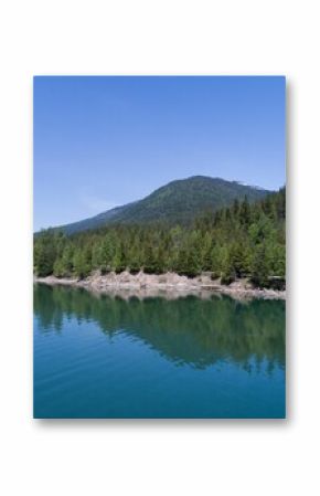 Forest on mountain by river against blue sky
