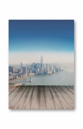 Flat design skyline is rising from wooden deck planks over river with central tower and piers