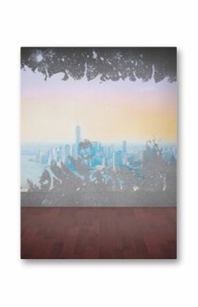 Splash on wall revealing coastline city