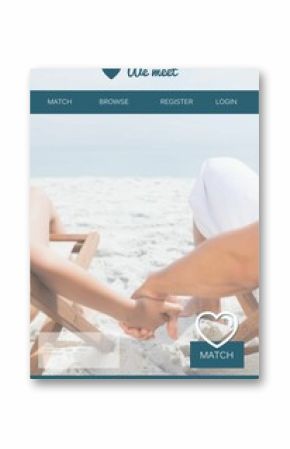 Couple is holding hands on white sand in flat design, showing wooden chairs and match UI