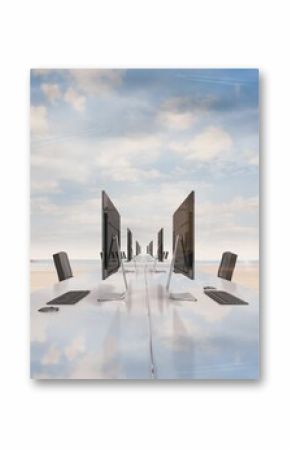 Flat design workspace is unfolding on beach with white table, monitors, keyboards, mice, chairs