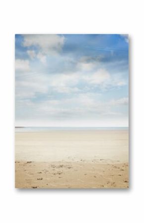Flat design sandy beach stretching to horizon, showcasing smooth sand, calm sea and drifting clouds