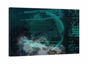 Hovering wireframe globe floating over rocky coastline, with code streams and grid overlays