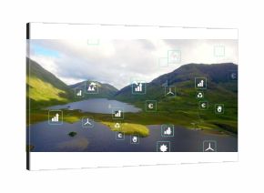 Reflecting glacial lake shining under sunlight in highland valley, with floating digital icons