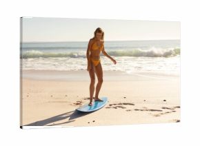 Blue surfboard is standing on damp sand at water's edge with surfing stance amid gentle waves