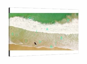 Displaying turquoise airplane and leaf icons overlaying sandy shore at beach, with eco travel theme