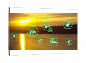 Glowing sun disc casting bright reflection on lake at sunset, with neon-green hex icons, copy space