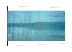 Displaying digital visualization hovering over open ocean, with translucent charts and code text