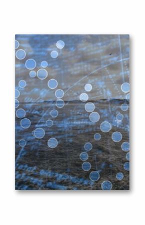 Displaying digital DNA helix floating over sea at dusk, with nodes, grid lines and code text