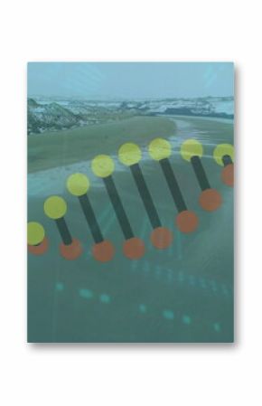 Floating stylized DNA double helix above snowy beach with colored circles and data overlays