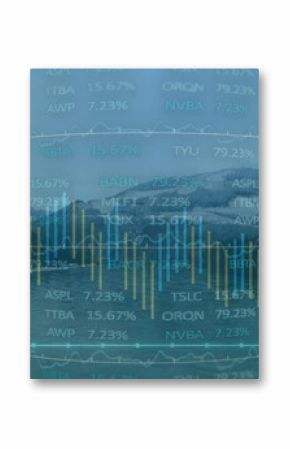 Displaying financial chart over alpine lake with candlestick bars, line graphs and stock tickers