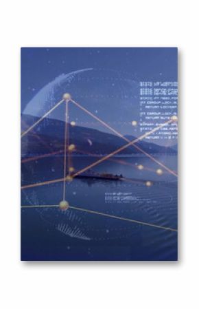 Gliding rowing team wearing life vests across mountain lake at twilight, with data network overlay