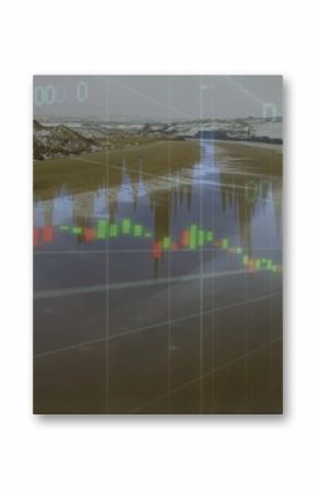 Overlaying financial candlestick chart on coastal low tide beach with shallow water and snowy hills