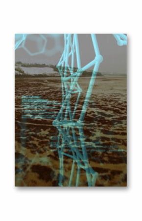 Displaying blue network lattice overlaying tidal flat by river, with hexagonal molecular overlays