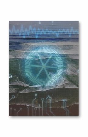Circular radar-style interface element overlaying aerial beach, with waveform bar and board traces