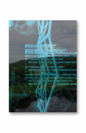 Displaying 3D blue wireframe network overlaying river valley, with teal code and chemical motifs