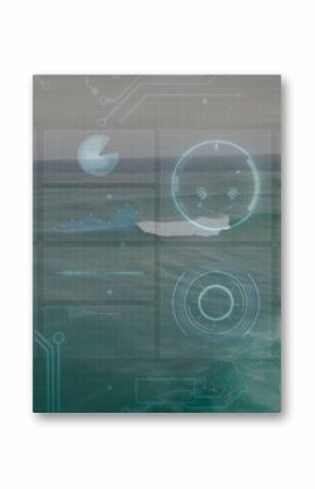Displaying holographic interface panels floating above open sea, with data charts and circuits