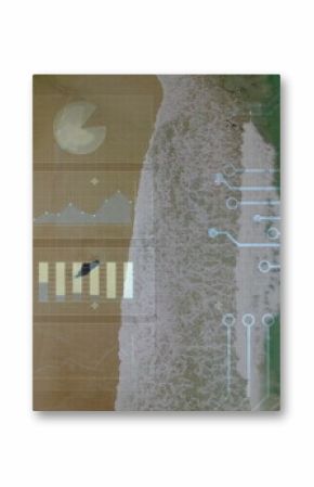 Showing shoreline merging with digital grid overlays at beach, with HUD pie chart, circuit graphics
