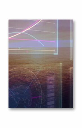 Displaying digital overlay spanning calm sea at twilight horizon, with line chart and globe diagram