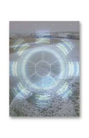 Displaying HUD reticle tracking ocean conditions over coastal bay, with segmented bars and panels