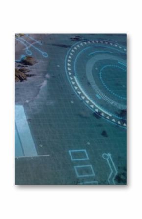 Displaying digital interface graphic overlaying coastal beach with sun umbrellas, copy space