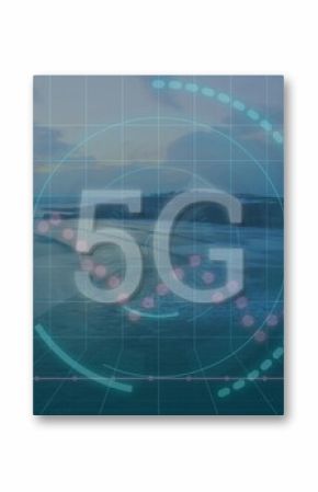 Displaying semi-transparent 5G text overlaying ocean view with HUD circles, dotted lines, grid axes