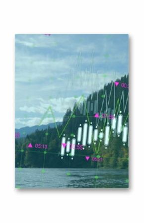 Overlaying dashboard over mountain lake showing white candlestick bars and neon green line graph