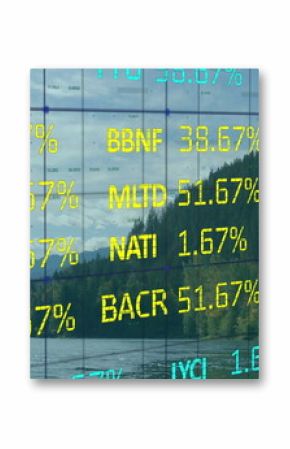 Displaying semi-transparent grid overlay over river valley, with alphanumeric codes and percentages