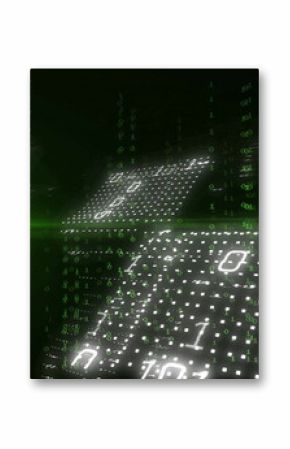 Floating panels displaying binary code in dark void, with green numeric rain and horizontal flare